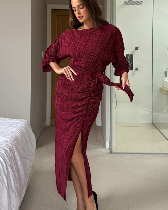 Vendy Off The Shoulder Ruched Detail Midi Dress - Berry