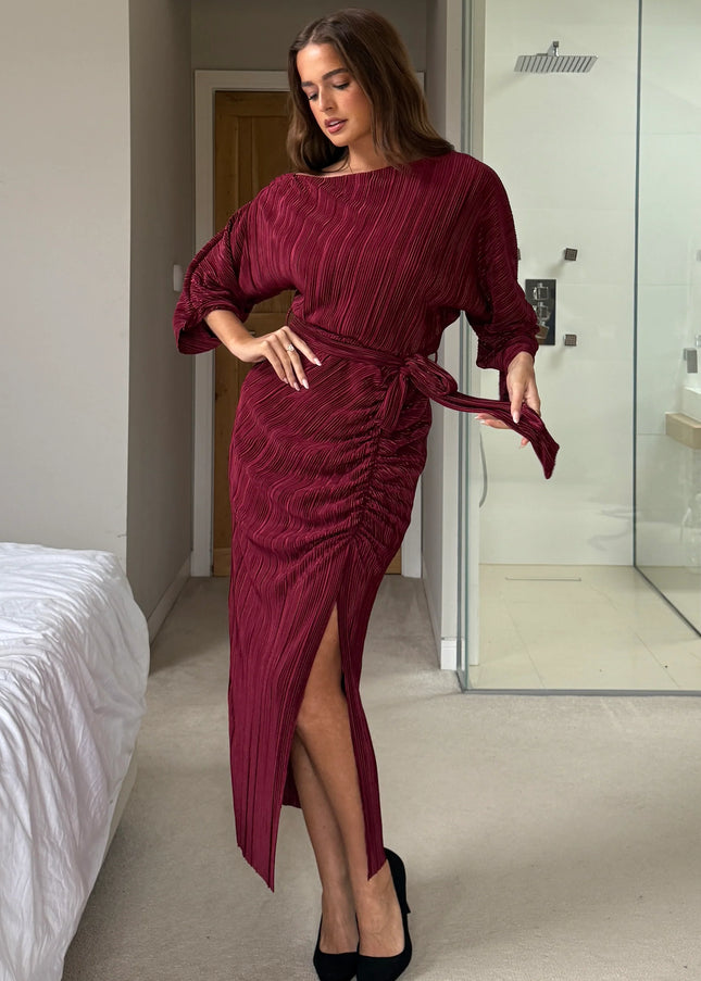 Vendy Off The Shoulder Ruched Detail Midi Dress - Berry