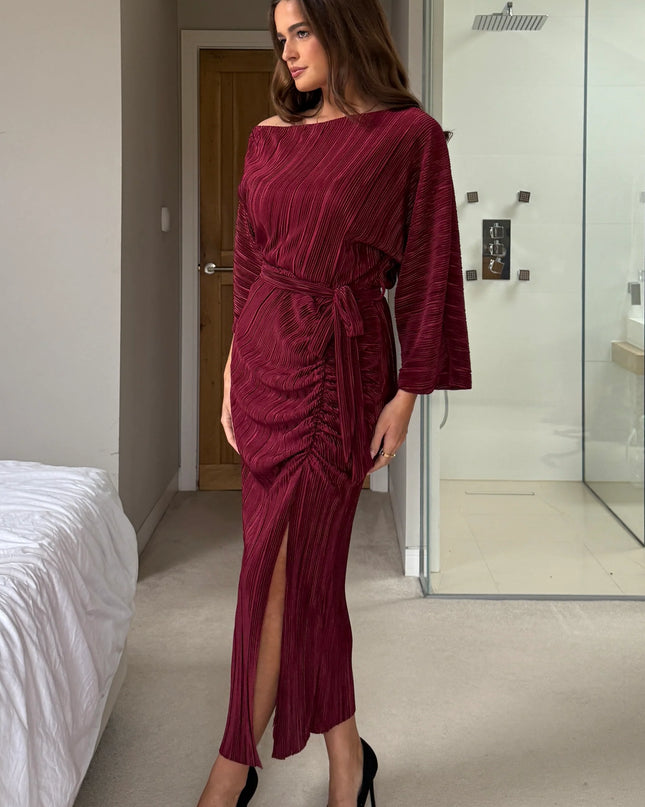 Vendy Off The Shoulder Ruched Detail Midi Dress - Berry