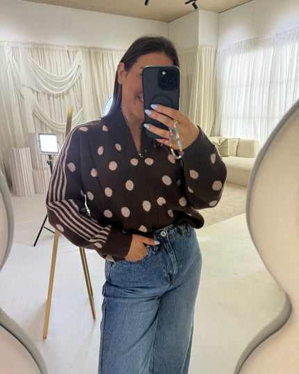 Polka Dot Full Zip Knit - Brown/Pink