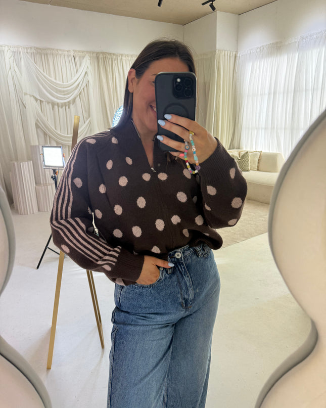 Polka Dot Full Zip Knit - Brown/Pink