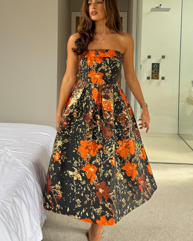Danni Strapless Bandeau Midi Dress - Black And Gold