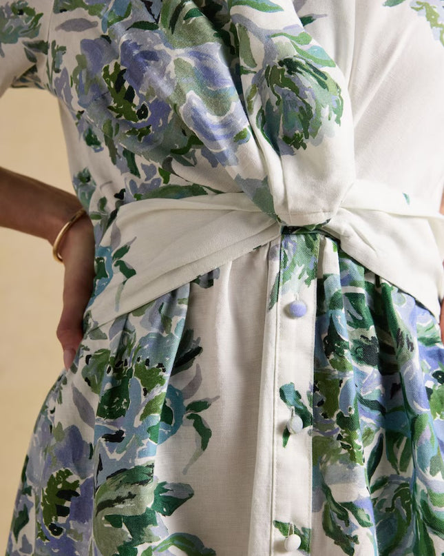 Marina Floral Midi Linen Blend Dress - White/Blue