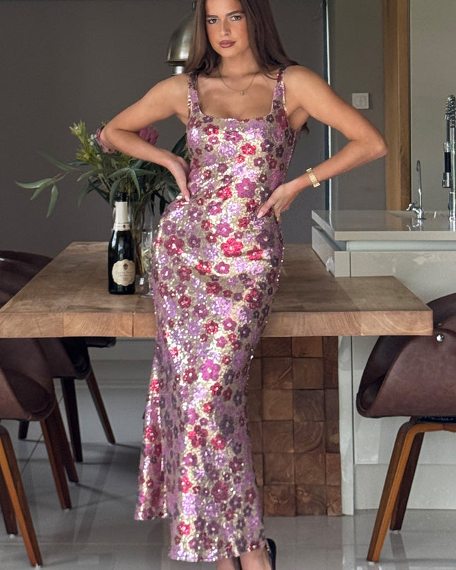 Lisbon Square Neck Midi Dress - Pink & Gold Sequin