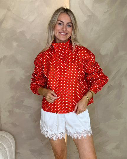 Funnel Neck Bomber Jacket - Red Polka Dot