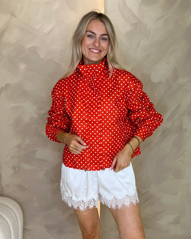 Funnel Neck Bomber Jacket - Red Polka Dot