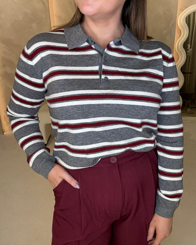 Fine Knit Polo Top - Grey