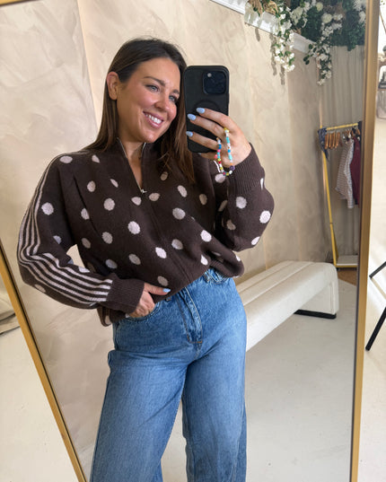 Polka Dot Full Zip Knit - Brown/Pink
