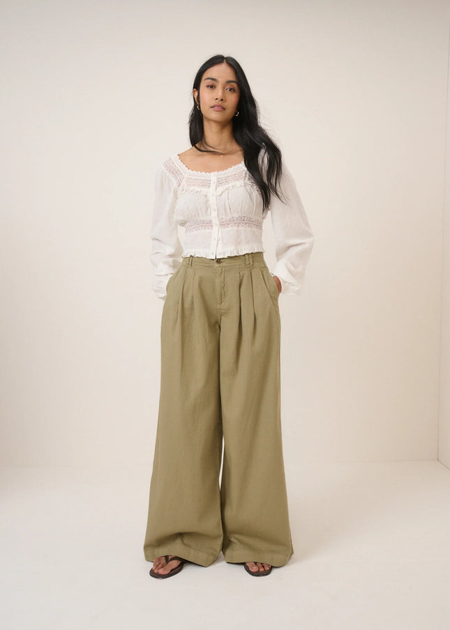 Archie Pleated Wide Leg Trousers - Green