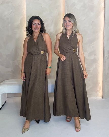 Halter Dress with Brooch Detail - Brown