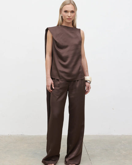 Breya Scarf Satin Top - Brown