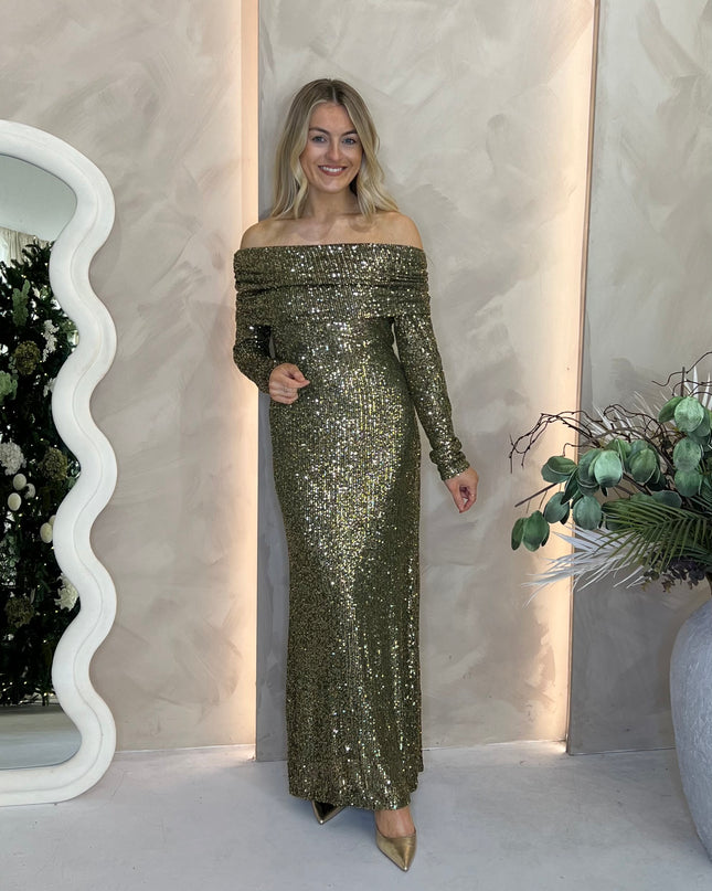 Bardot Sequin Midi Dress - Khaki