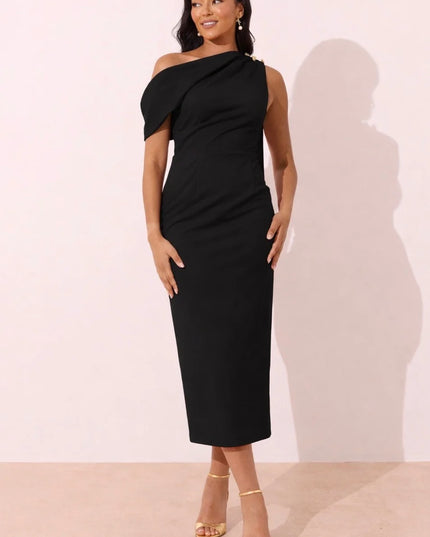 Eleni Drape Midi Dress - Black