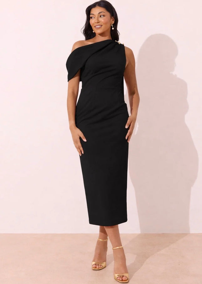 Eleni Drape Midi Dress - Black