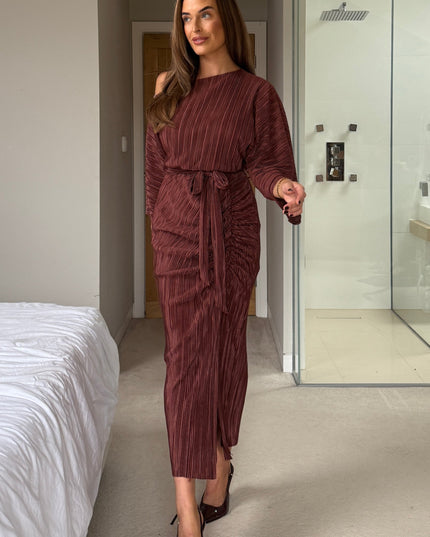 Vendy Off The Shoulder Ruched Detail Midi Dress - Brown