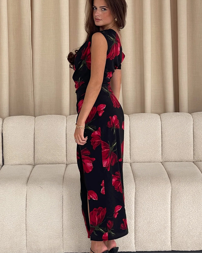 Ariana Asymmetric Midi Dress - Red Floral