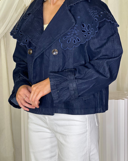 Cropped Denim Lazer Cut Trench - Indigo Denim