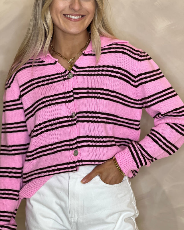 Bronte Stripe Collar Cardigan - Pink