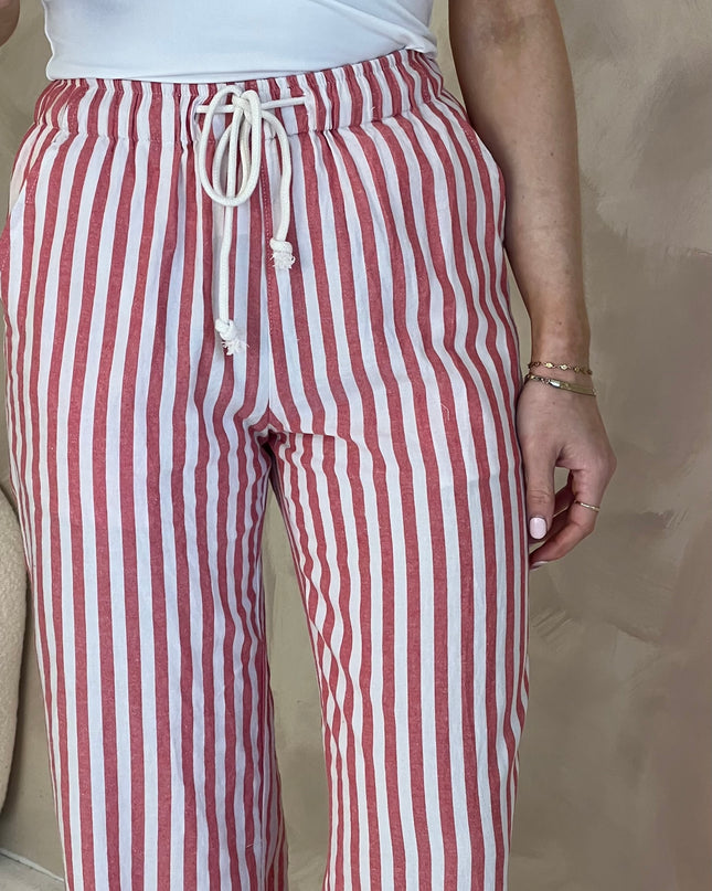 Wide Leg Drawstring Trousers - Red Stripe