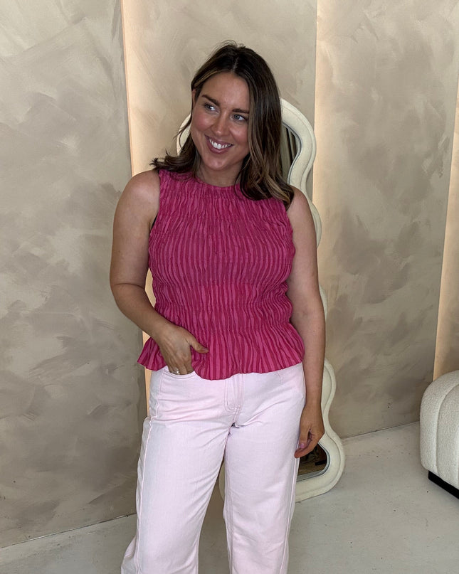 Striped Shirred Top - Raspberry