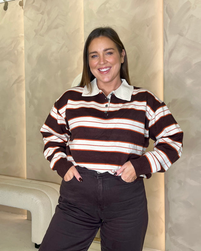 Knit Rugby Top - Coffee and Orange