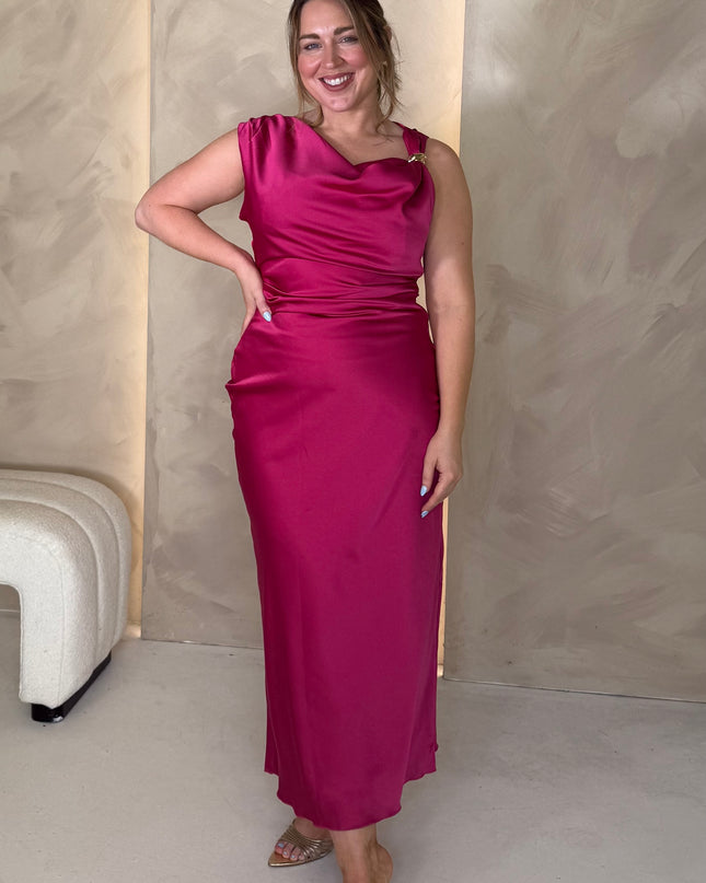 Cowl Neck Dress with Gold Hardware - Fuchsia