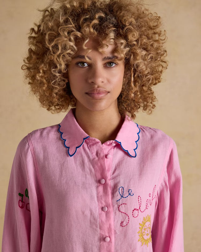 Orla Embroidered Icons Linen Shirt - Pink