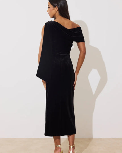 Eleni Drape Midi Dress - Black Velvet