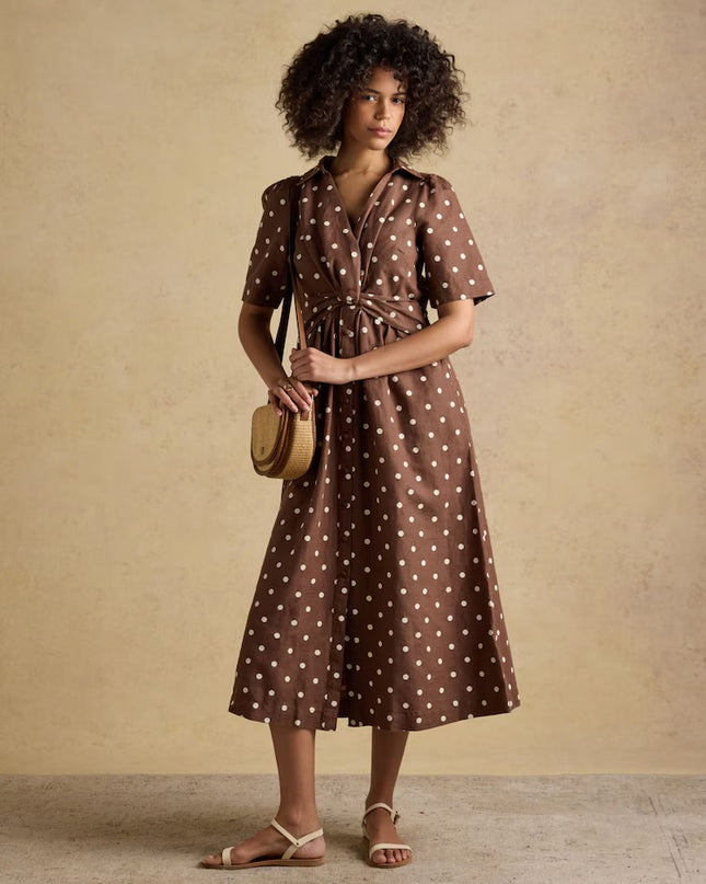 Marina Midi Linen Blend Dress - Brown Polka Dot