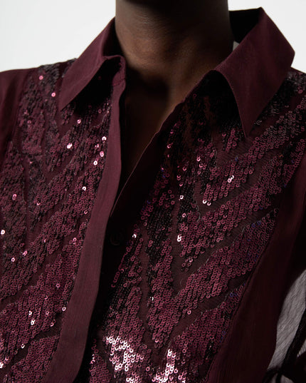 French Connection Hana Adalynn Sequin Bib Shirt - Burgundy Red