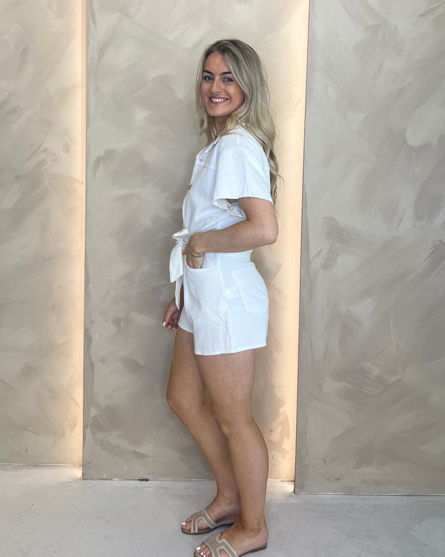 Short Sleeve Collar Playsuit  - Ecru