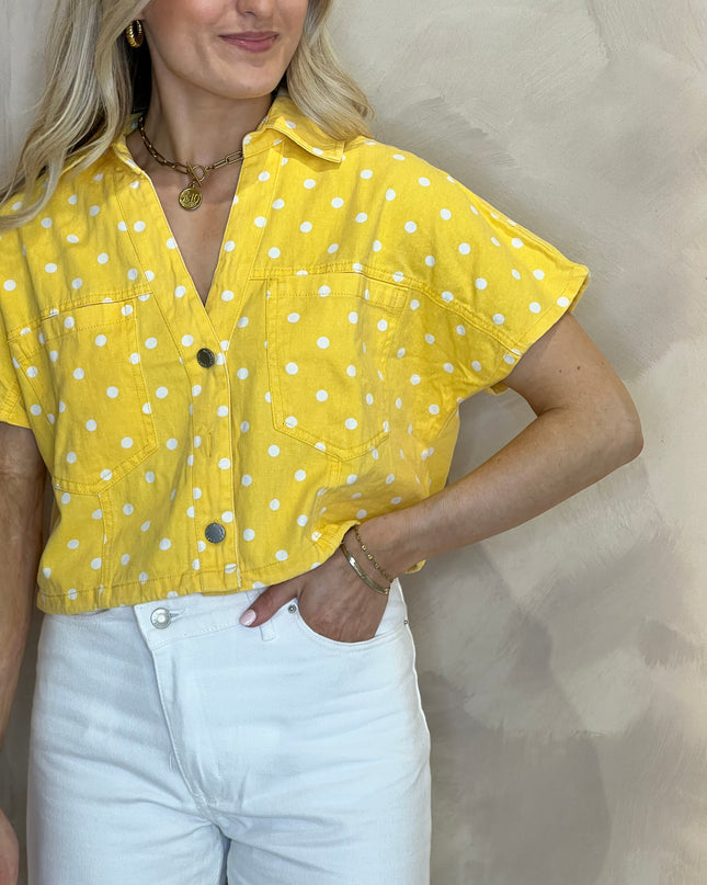 Polka Dot Crop Denim Shirt - Yellow