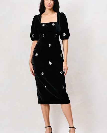 Bettina Embellished Velvet Midi Dress - Black