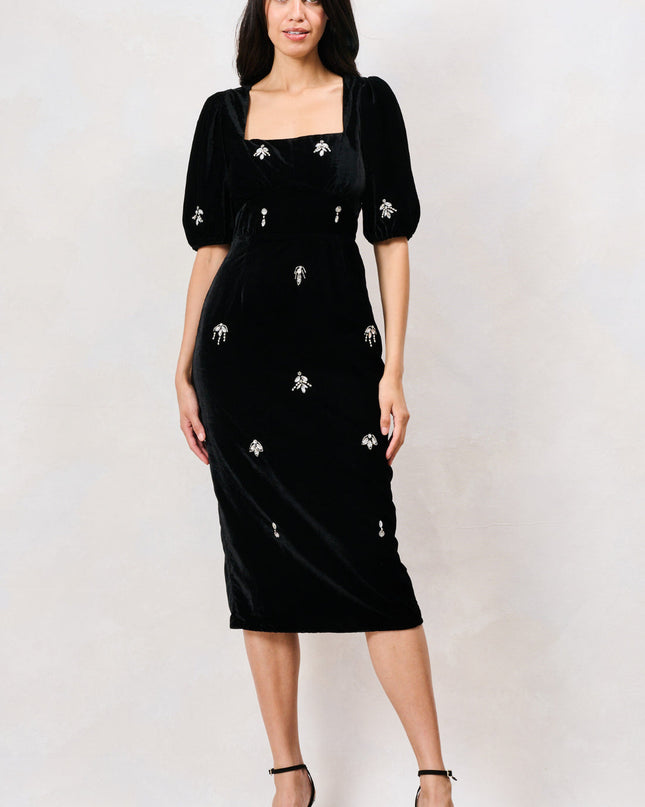 Bettina Embellished Velvet Midi Dress - Black