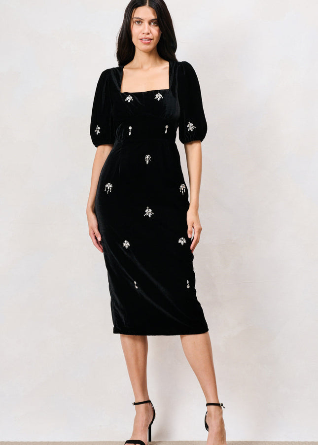 Bettina Embellished Velvet Midi Dress - Black