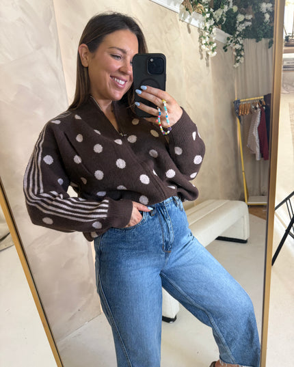 Polka Dot Full Zip Knit - Brown/Pink