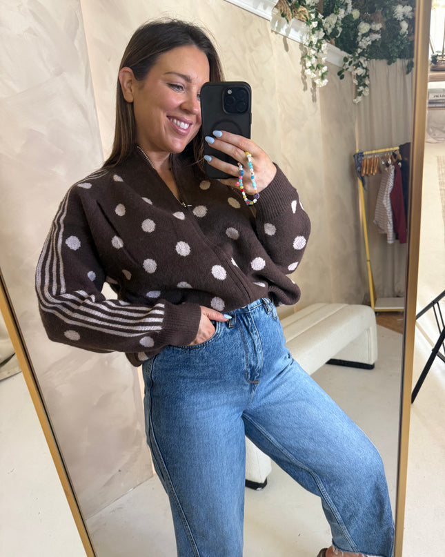 Polka Dot Full Zip Knit - Brown/Pink