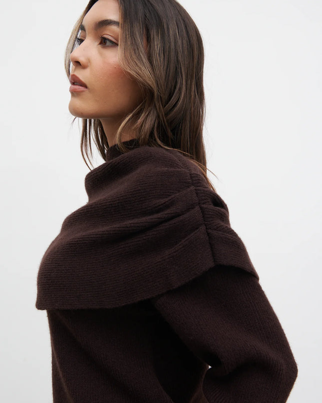Tarla Exaggerated Drape Knit Jumper - Chocolate