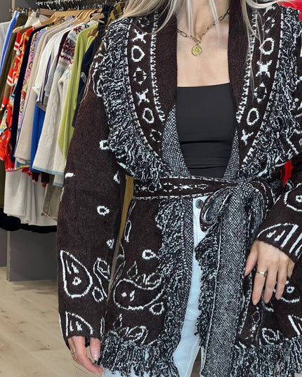 Longline Tie-Waist Fringed Cardigan - Brown