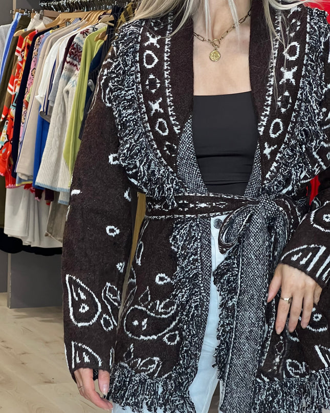 Longline Tie-Waist Fringed Cardigan - Brown