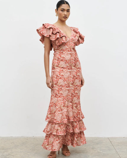 Alani V Neck Ruffle Maxi Dress - Berry Multi Abstract