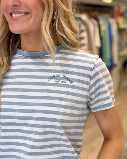 Guess Jeans Crew Neck Striped T-Shirt - Washed Blue/White