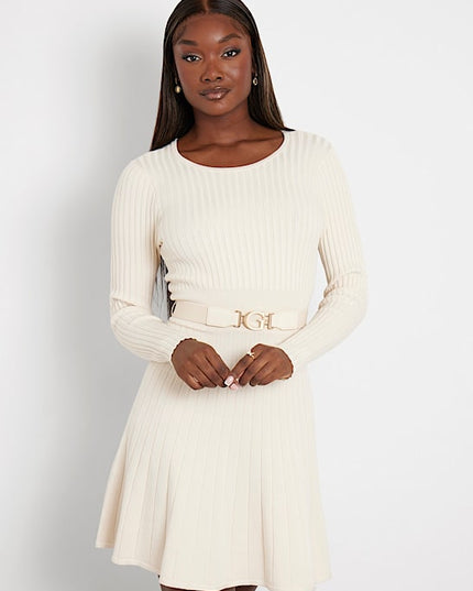 Guess Paige Pleated Mini Sweater Dress - Cream