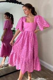 Aspen Broidery Tiered Midaxi Dress - Pink