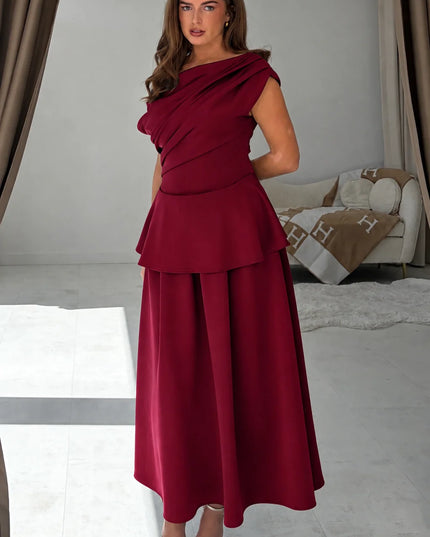 Connie Peplum Midi Dress - Burgundy