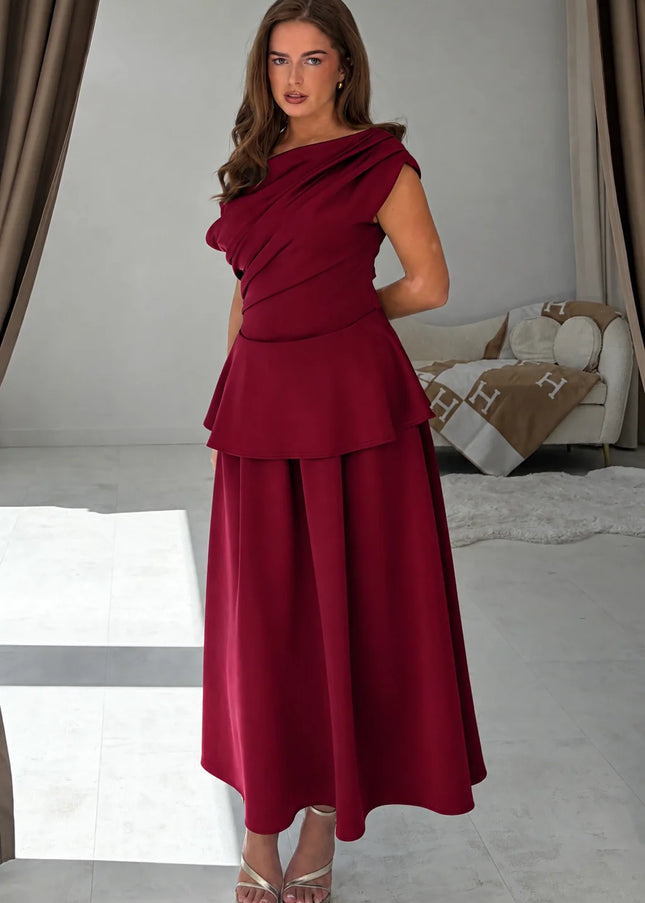Connie Peplum Midi Dress - Burgundy