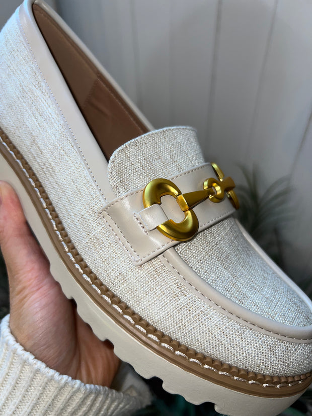 Beige & Gold Linen Loafers