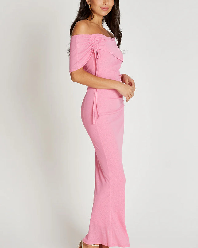 Light Knit Bardot Midaxi Dress - Pink
