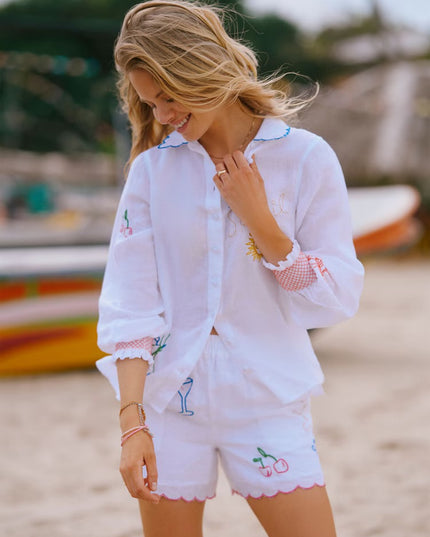 Orla Embroidered Pure Linen Shorts - White