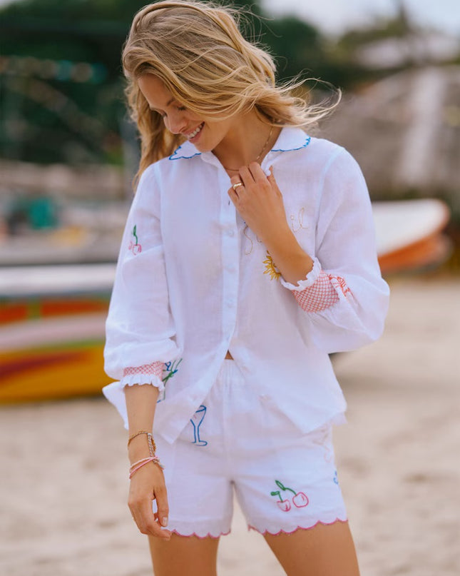 Orla Embroidered Pure Linen Shorts - White